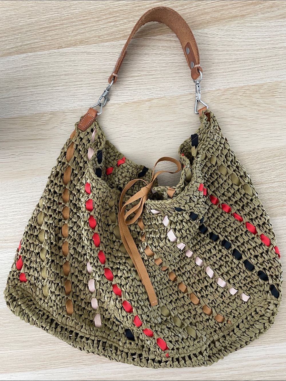 J. Crew Woven Ribbon Straw Bag with Leather Strap